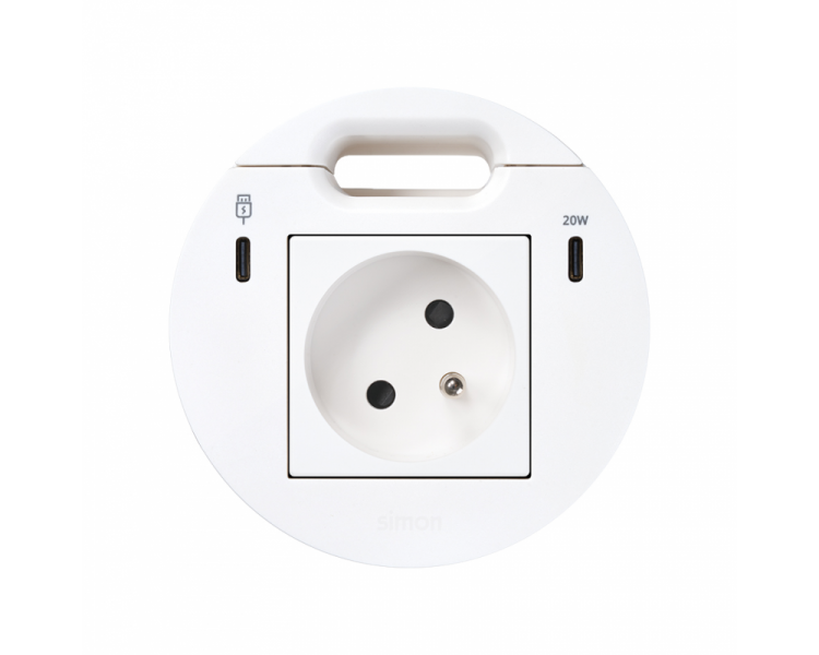 Meblowe gniazdo zasilające z uziemieniem i ładowarką USB-C 20W, USB-C DATA i przepustem kablowym, stacja dokująca 1xHDMI+LAN+3xUSB-A w zestawie, IP20, 16A, biały, Wym. montażowe: Ø80mm Simon 400, Flash 90 KR3321301/9