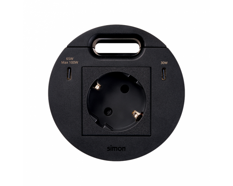 Meblowe gniazdo zasilające z uziemieniem (Schuko) z ładowarką USB-C 100W i przepustem kablowym, 16A, czarny, Wym. montażowe: Ø80mm Simon 400, Flash 90 KR3510001/14