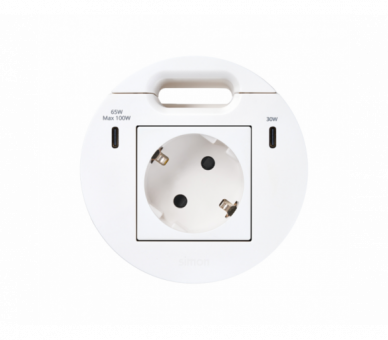 Meblowe gniazdo zasilające z uziemieniem (Schuko) z ładowarką USB-C 100W i przepustem kablowym, IP20, 16A, biały, Wym. montażowe: Ø80mm Simon 400, Flash 90 KR3510001/9