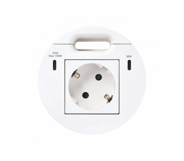 Meblowe gniazdo zasilające z uziemieniem (Schuko) z ładowarką USB-C 100W i przepustem kablowym, IP20, 16A, biały, Wym. montażowe: Ø80mm Simon 400, Flash 90 KR3510001/9