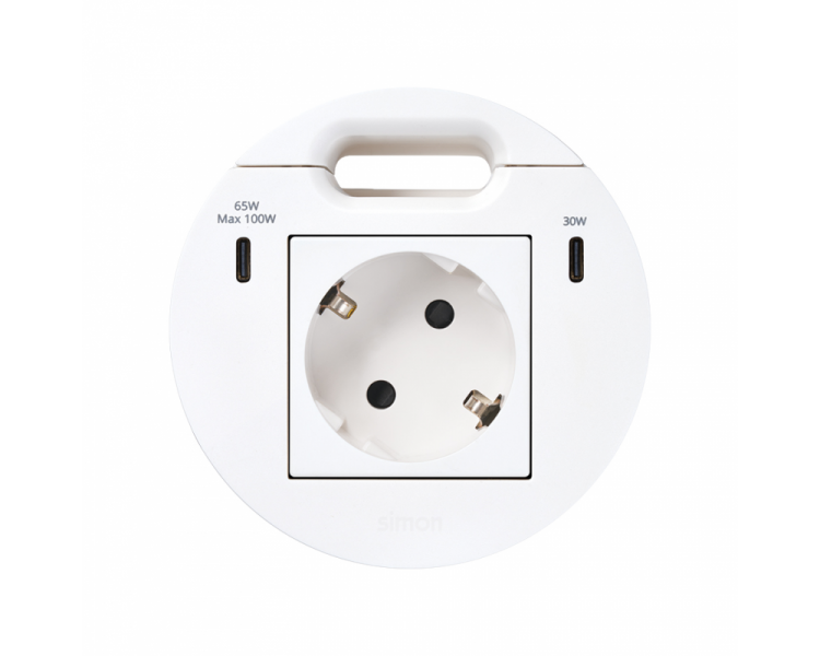Meblowe gniazdo zasilające z uziemieniem (Schuko) z ładowarką USB-C 100W i przepustem kablowym, IP20, 16A, biały, Wym. montażowe: Ø80mm Simon 400, Flash 90 KR3510001/9