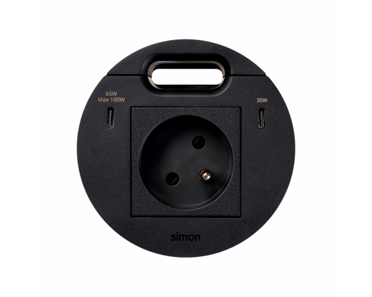 Meblowe gniazdo zasilające z uziemieniem z ładowarką USB-C 100W i przepustem kablowym, 16A, czarny, Wym. montażowe: Ø80mm Simon 400, Flash 90 KR3520001/14