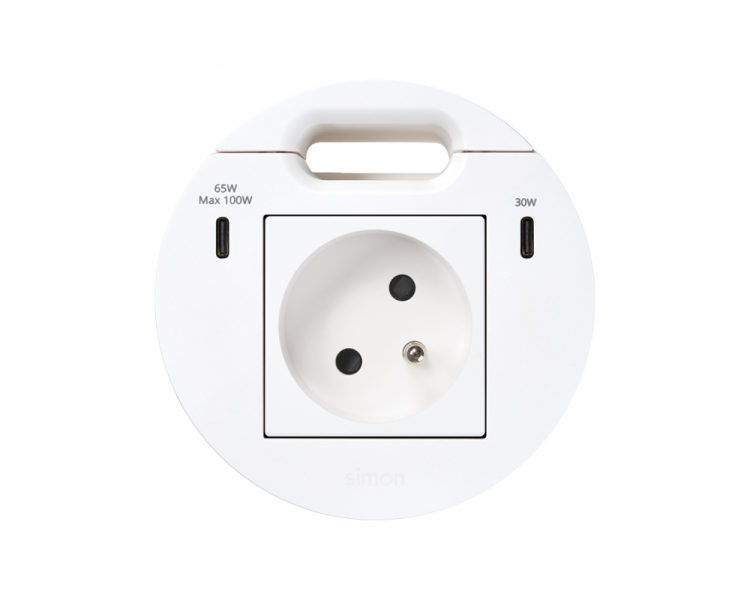 Meblowe gniazdo zasilające z uziemieniem z ładowarką USB-C 100W i przepustem kablowym, IP20, 16A, biały, Wym. montażowe: Ø80mm Simon 400, Flash 90 KR3520001/9
