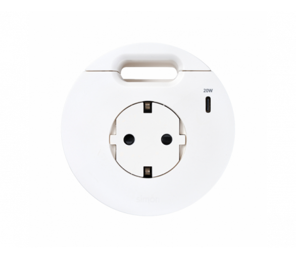 Meblowe gniazdo zasilające z uziemieniem (Schuko) z ładowarką USB-C 20W i przepustem kablowym, IP20, 16A, biały, Wym. montażowe: Ø80mm Simon 400, Flash 90 43331001-130