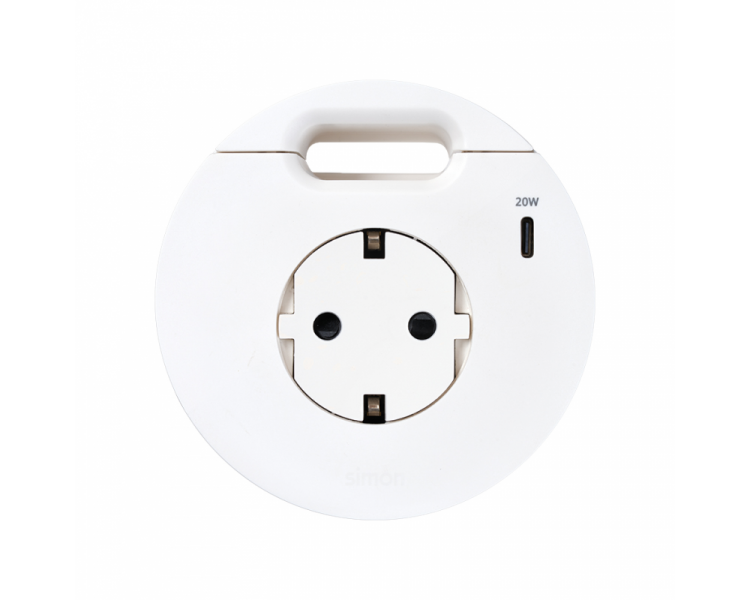 Meblowe gniazdo zasilające z uziemieniem (Schuko) z ładowarką USB-C 20W i przepustem kablowym, IP20, 16A, biały, Wym. montażowe: Ø80mm Simon 400, Flash 90 43331001-130