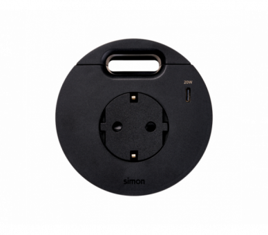 Meblowe gniazdo zasilające z uziemieniem (Schuko) z ładowarką USB-C 20W i przepustem kablowym, IP20, 16A, czarny, Wym. montażowe: Ø80mm Simon 400, Flash 90 43331001-138