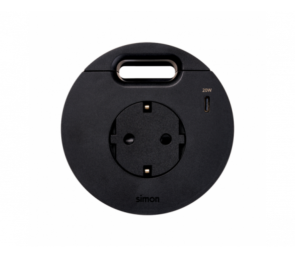 Meblowe gniazdo zasilające z uziemieniem (Schuko) z ładowarką USB-C 20W i przepustem kablowym, IP20, 16A, czarny, Wym. montażowe: Ø80mm Simon 400, Flash 90 43331001-138