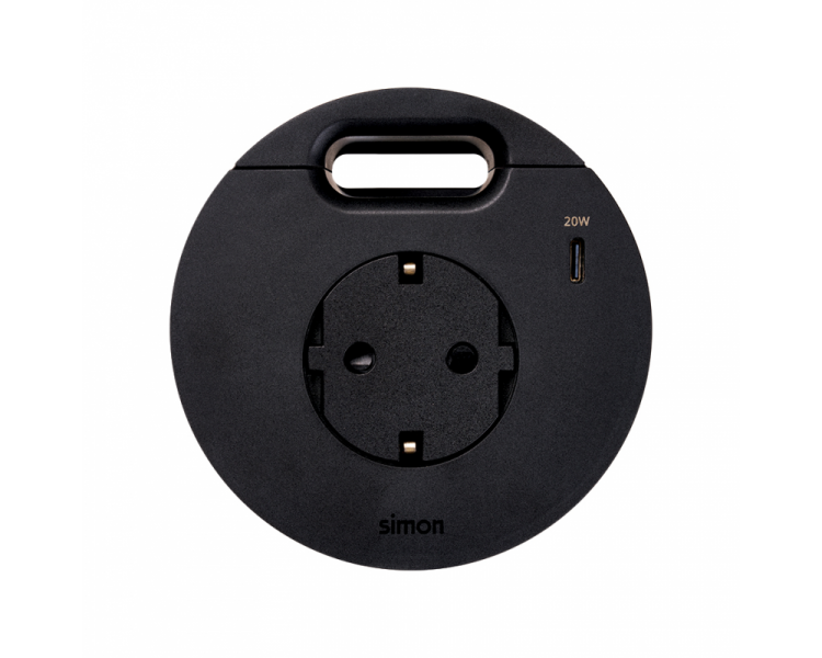 Meblowe gniazdo zasilające z uziemieniem (Schuko) z ładowarką USB-C 20W i przepustem kablowym, IP20, 16A, czarny, Wym. montażowe: Ø80mm Simon 400, Flash 90 43331001-138