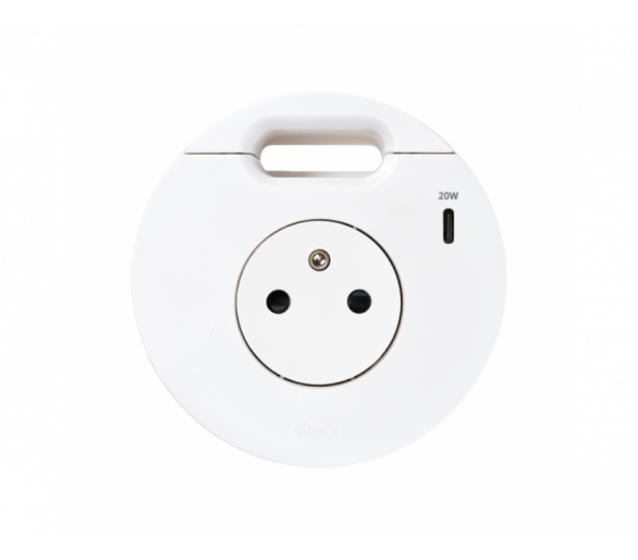 Meblowe gniazdo zasilające z uziemieniem (bolec uziemiający) z ładowarką USB-C 20W i przepustem kablowym, Simon 400 Flash 90, IP20, 16A, biały, Wym. montażowe: Ø80mm Simon 400, Flash 90 43331001-230