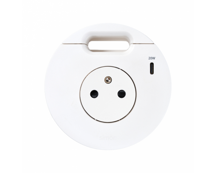 Meblowe gniazdo zasilające z uziemieniem (bolec uziemiający) z ładowarką USB-C 20W i przepustem kablowym, Simon 400 Flash 90, IP20, 16A, biały, Wym. montażowe: Ø80mm Simon 400, Flash 90 43331001-230