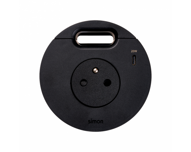 Meblowe gniazdo zasilające z uziemieniem (bolec uziemiający) z ładowarką USB-C 20W i przepustem kablowym, Simon 400 Flash 90, IP20, 16A, czarny, Wym. montażowe: Ø80mm Simon 400, Flash 90 43331001-238
