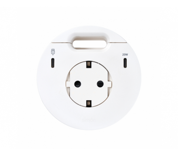 Meblowe gniazdo zasilające z uziemieniem (Schuko) z ładowarką USB-C 20W, portem USB-C DATA i przepustem kablowym – stacja dokująca 1x HDMI + LAN + 3x USB-A w zestawie, IP20, 16A, biały, Wym. montażowe: Ø80mm Simon 400, Flash 90 43332301-130