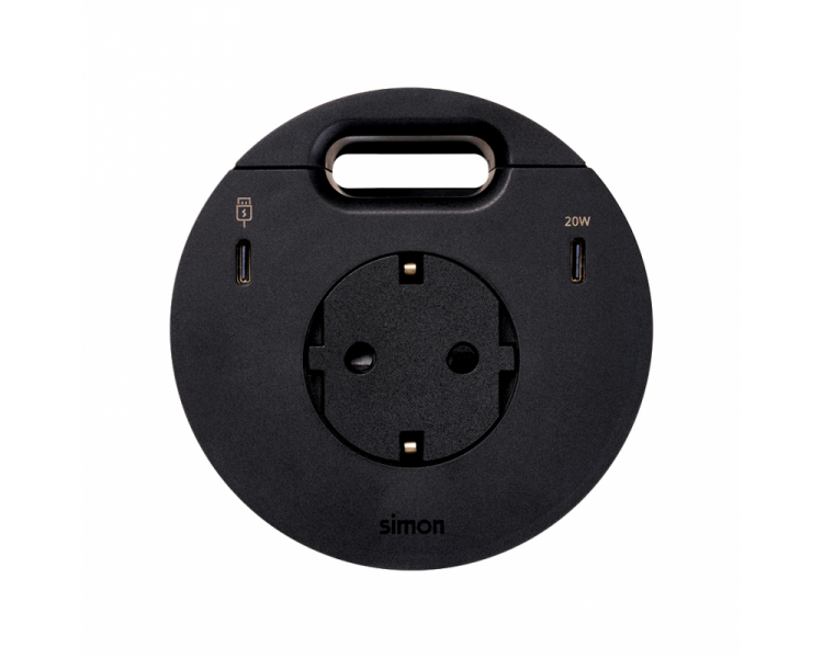 Meblowe gniazdo zasilające z uziemieniem (Schuko) z ładowarką USB-C 20W, portem USB-C DATA i przepustem kablowym, stacja dokująca 2xHDMI+LAN+3xUSB-A, IP20, 16A, czarny, Wym. montażowe: Ø80mm Simon 400, Flash 90 43333301-138