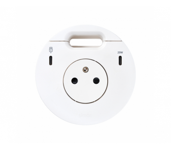 Meblowe gniazdo zasilające z uziemieniem (bolec uziemiający) z ładowarką USB-C 20W, portem USB-C DATA i przepustem kablowym, stacja dokująca 2xHDMI+LAN+3xUSB-A, IP20, 16A, biały, Wym. montażowe: Ø80mm Simon 400, Flash 90 43333301-230
