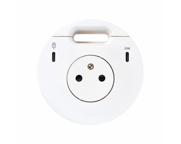 Meblowe gniazdo zasilające z uziemieniem (bolec uziemiający) z ładowarką USB-C 20W, portem USB-C DATA i przepustem kablowym, stacja dokująca 2xHDMI+LAN+3xUSB-A, IP20, 16A, biały, Wym. montażowe: Ø80mm Simon 400, Flash 90 43333301-230