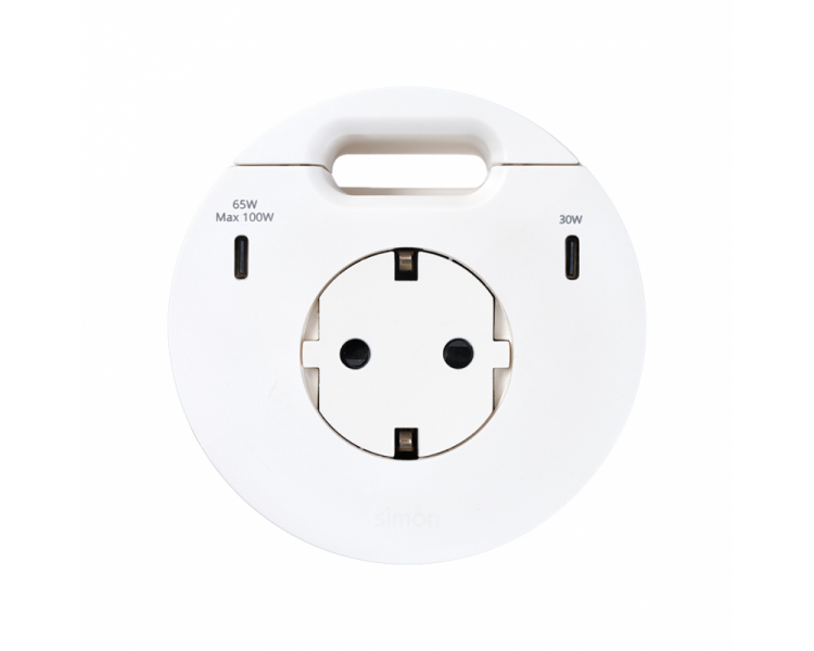 Meblowe gniazdo zasilające z uziemieniem (Schuko) z ładowarką USB-C 100W i przepustem kablowym, 16A, biały, Wym. montażowe: Ø80mm Simon 400, Flash 90 43351001-130