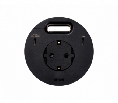 Meblowe gniazdo zasilające z uziemieniem (Schuko) z ładowarką USB-C 100W i przepustem kablowym, IP20, 16A, czarny, Wym. montażowe: Ø80mm Simon 400, Flash 90 43351001-138