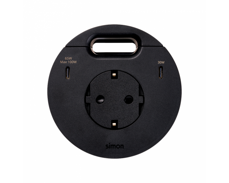 Meblowe gniazdo zasilające z uziemieniem (Schuko) z ładowarką USB-C 100W i przepustem kablowym, IP20, 16A, czarny, Wym. montażowe: Ø80mm Simon 400, Flash 90 43351001-138