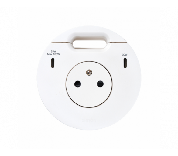 Meblowe gniazdo zasilające z uziemieniem z ładowarką USB-C 100W i przepustem kablowym, 16A, biały, Wym. montażowe: Ø80mm Simon 400, Flash 90 43351001-230