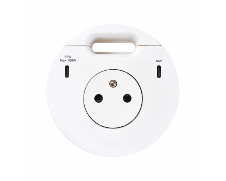 Meblowe gniazdo zasilające z uziemieniem z ładowarką USB-C 100W i przepustem kablowym, 16A, biały, Wym. montażowe: Ø80mm Simon 400, Flash 90 43351001-230