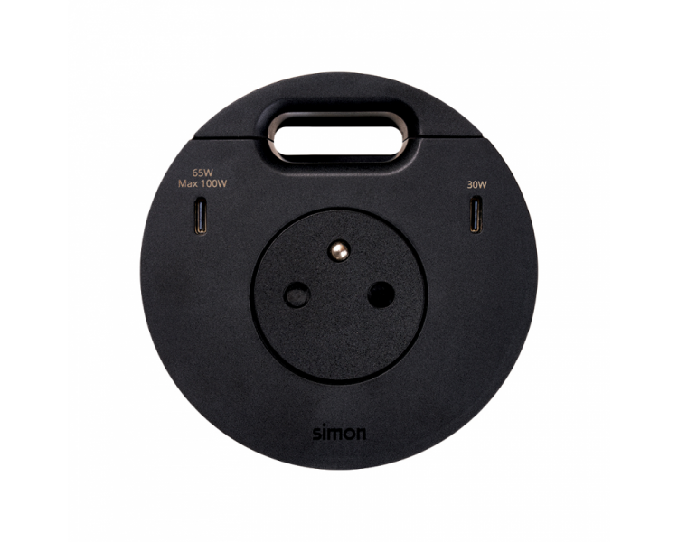 Meblowe gniazdo zasilające z uziemieniem (bolec uziemiający) z ładowarką USB-C 100W i przepustem kablowym, 16A, czarny, Wym. montażowe: Ø80mm Simon 400, Flash 90 43351001-238
