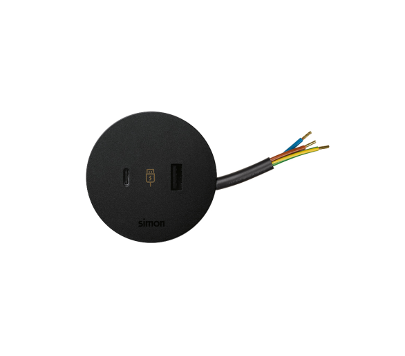 Meblowa ładowarka USB, 5V, 3,1A, przewód 20 cm, czarny, złącze USB typ A, złącze USB typ C Simon 400 43120000-138