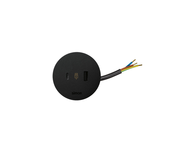 Meblowa ładowarka USB, 5V, 3,1A, przewód 20 cm, czarny, złącze USB typ A, złącze USB typ C Simon 400 43120000-138